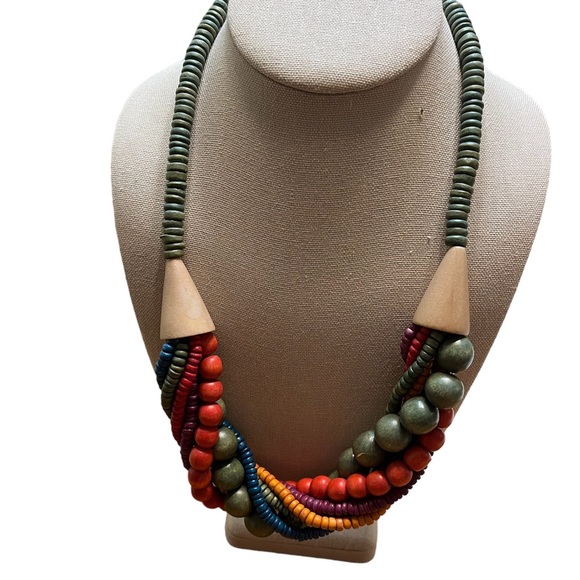 Vintage Jewelry - Vintage Multicolor Chunky Wood Bead Multi Strand